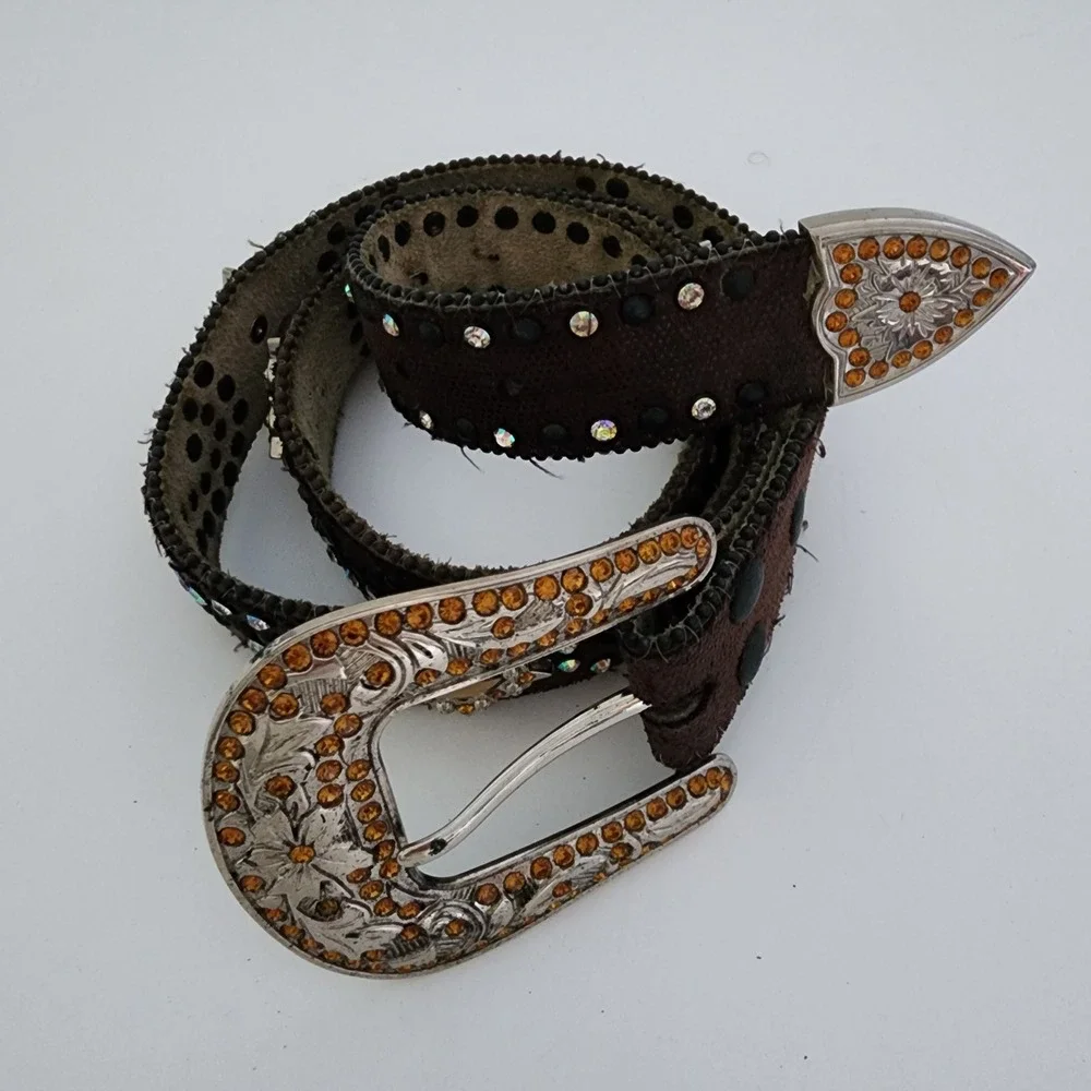Brown Leather Rhinestone‎ Studded Belt Diamond Square Bling Western Large 34-39